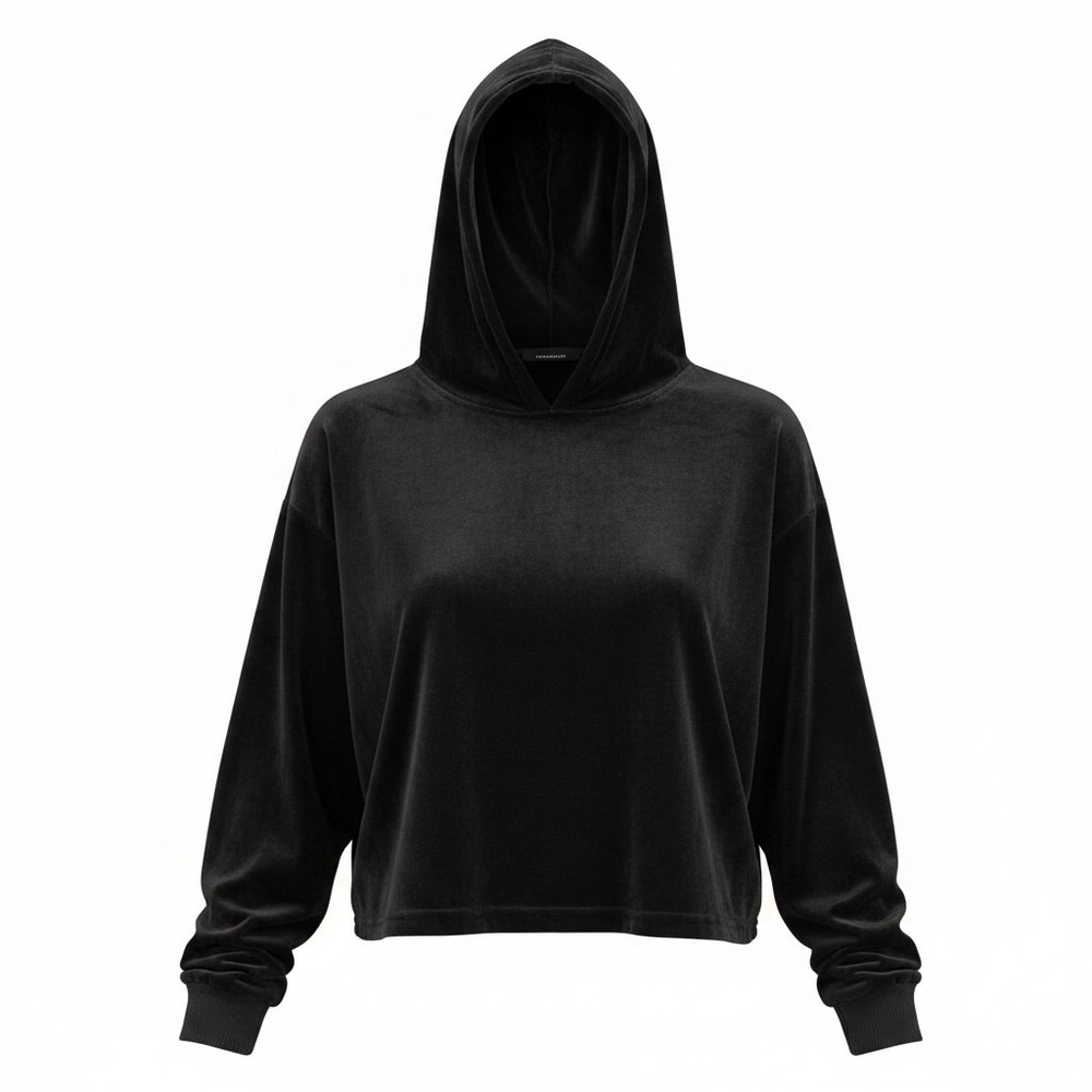BBJ Los Angeles Womens Black Velvet Cropped Hoodie Sweatshirt Velour Large